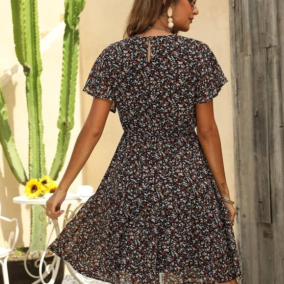 Women's Chiffon Floral Dresses Casual Summer Boho Flutter Sleeve Flowy Skater We - Picture 2 of 7